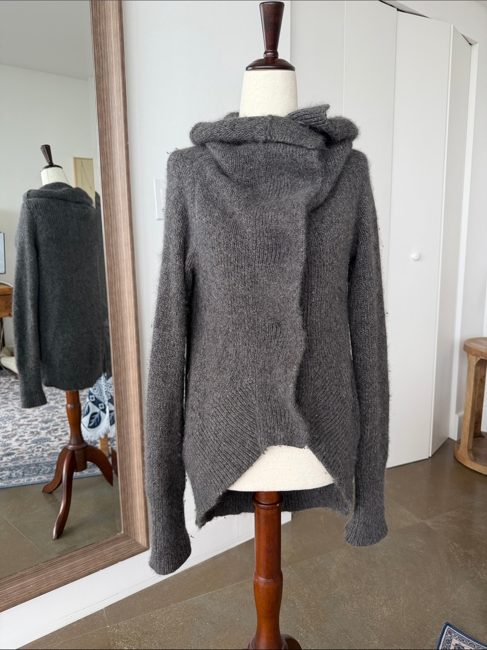 All Saints Charcoal Hooded Draped Knit Cardigan